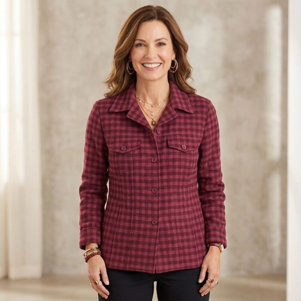 Talbots Womens Size 10 Wool Blend Plaid Jacket Burgundy Gingham Button Front